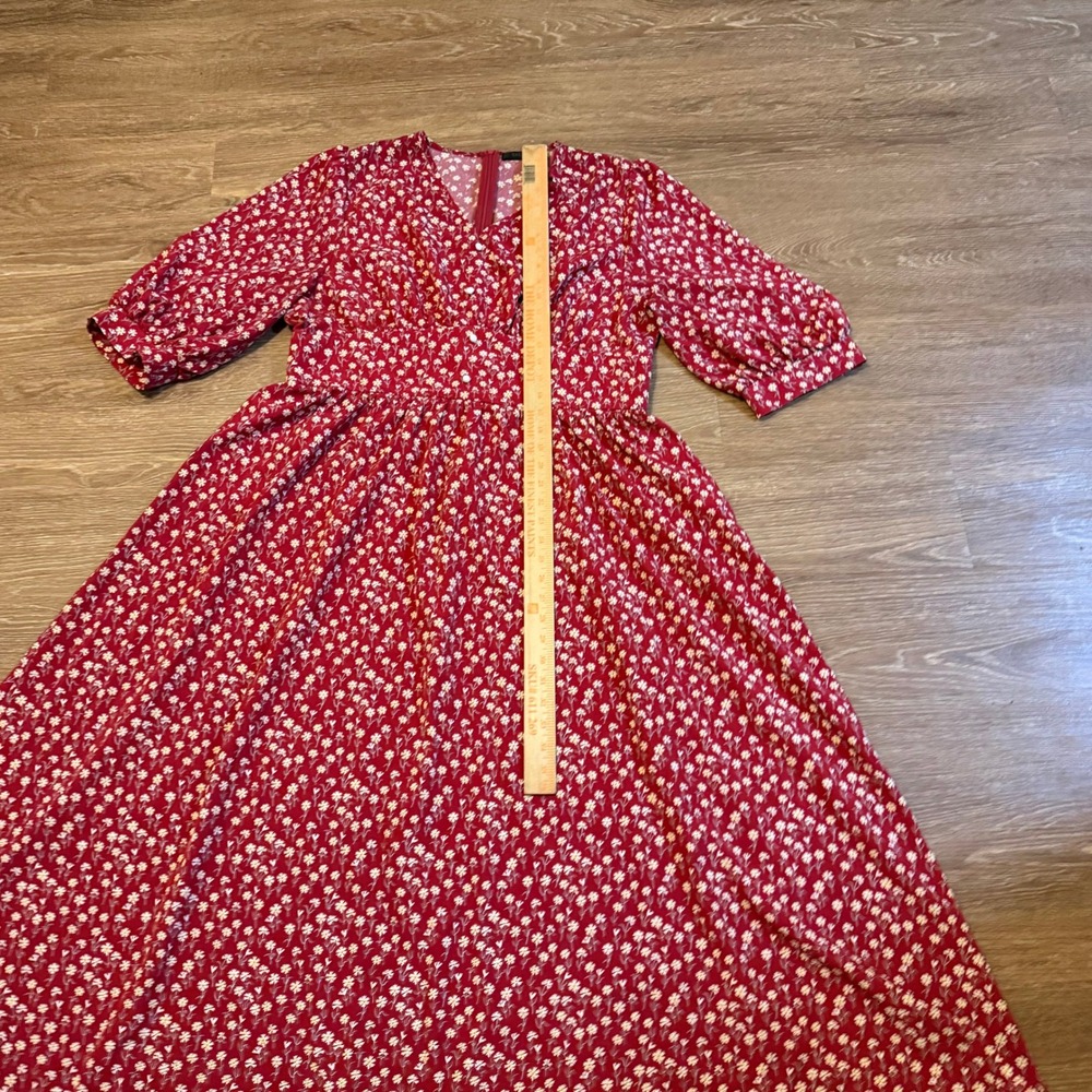 Shein Floral Midi Dress Womens 2XL Red Puff Sleeve V Neck Casual - Picture 9 of 13